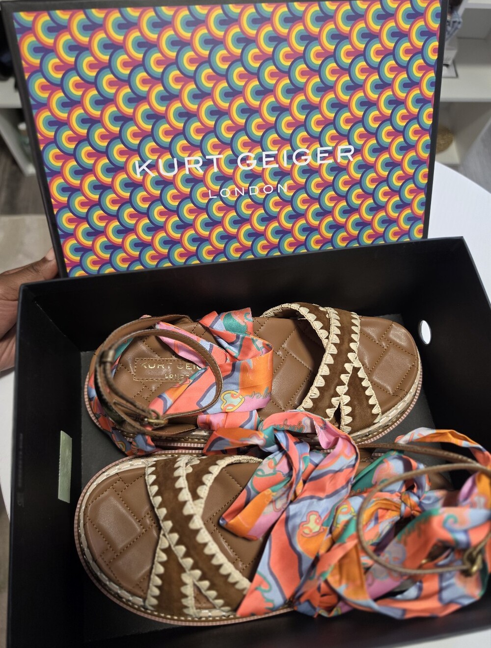 **BRAND NEW** Kurt Geiger Brown Leather Sandals with Colorful Wrap Ties